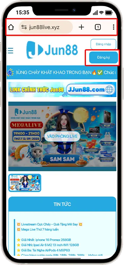 Bước 1: Truy cập https://jun88live.xyz/ » Nhấn "ĐĂNG KÝ"